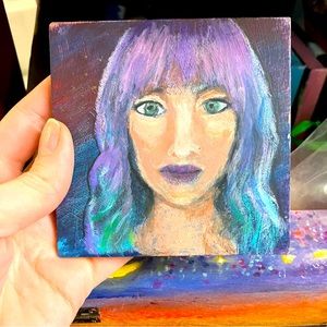 Purple haired girl hand painted art on 4-inch wood square mixed media artwork